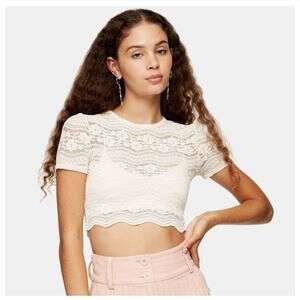 Topshop Lace Floral Short Sleeve Crop Top Cream 6